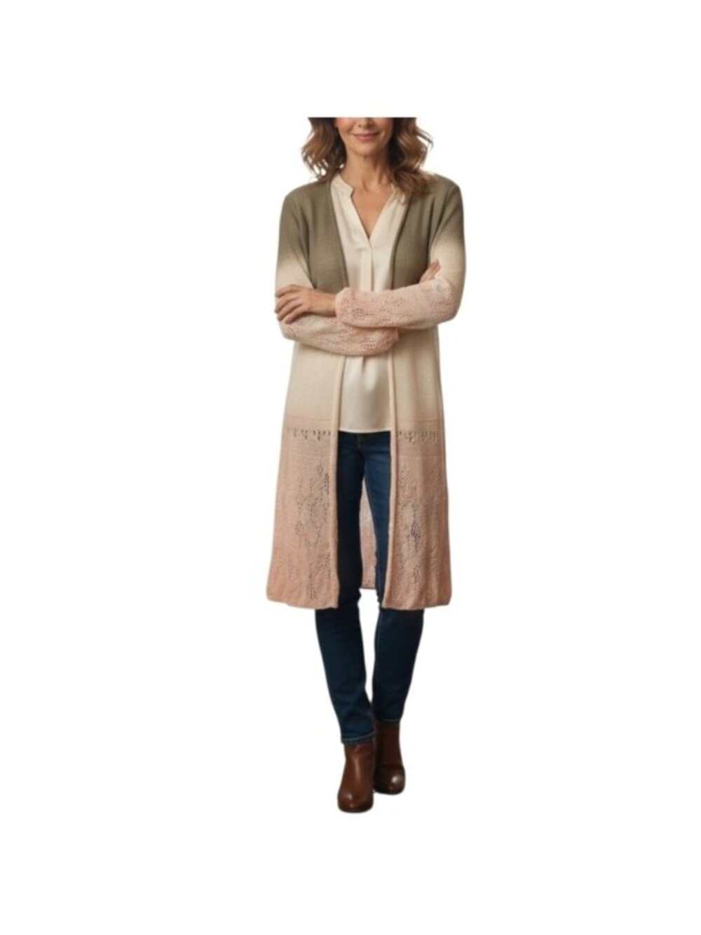 Ark Co Open Front Cardigan Womens Size Small Ombre Eyelet Knit Sweater